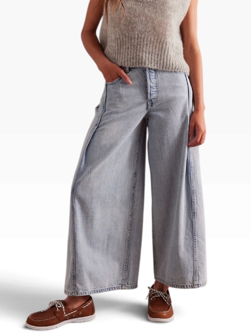 We the Free Folklore Cropped Jeans Free People Washed Light Blue WideLeg Size 29